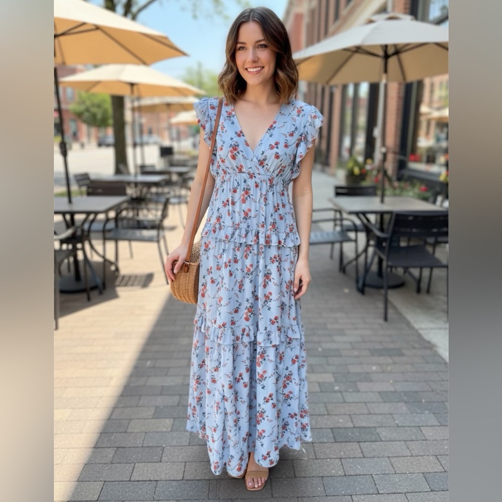 Floral Tiered Maxi Dress | Size Small | V-Neck Flowy Summer Dress